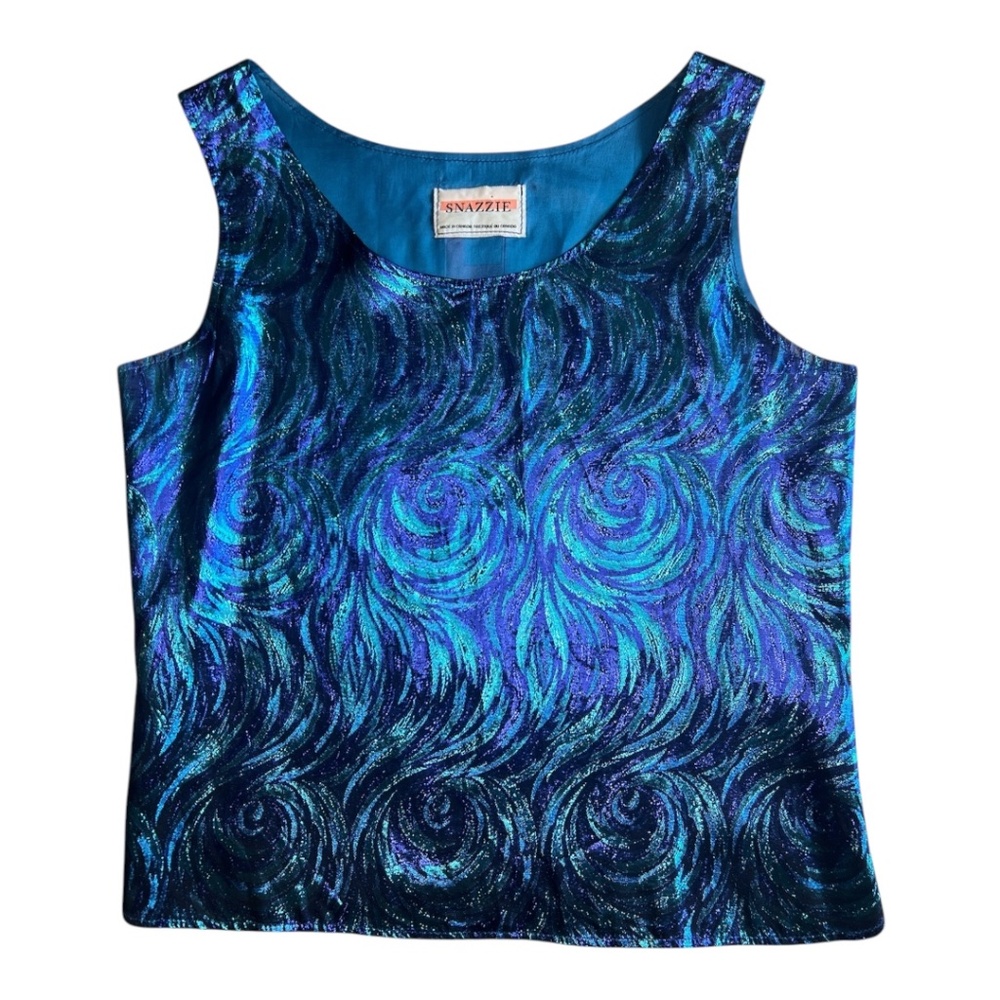 Vintage Snazzie Metallic Blue & Teal Swirl Party Disco Glam Top